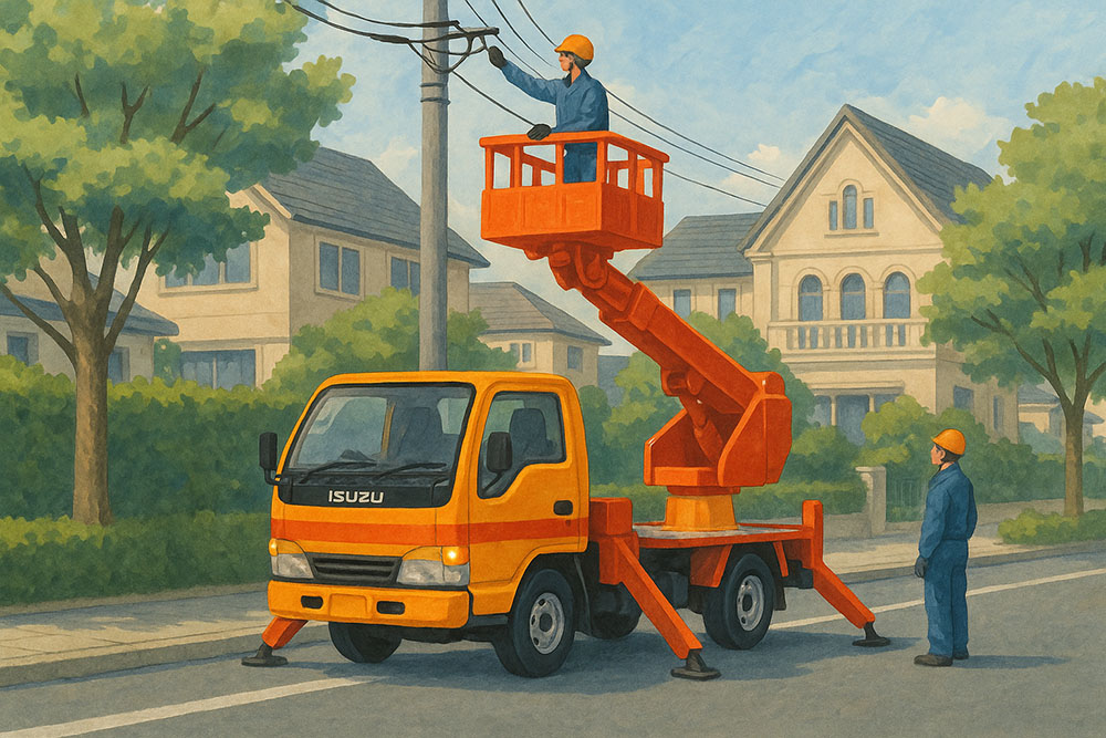 Hiroyuki Onumaが撮影した画像を基にプロンプトを書き、AIに出力させたいすゞエルフの高所作業車で作業をする作業員のイラスト
©️Hiroyuki Onuma