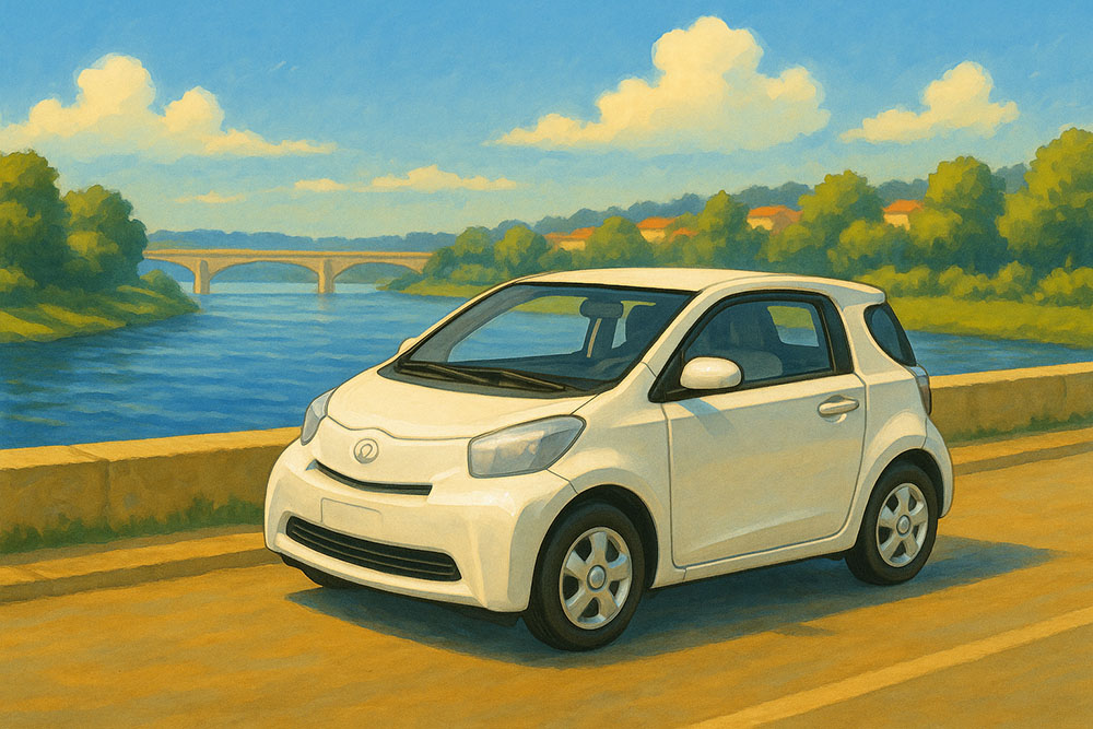 Hiroyuki Onumaが撮影した画像を基にプロンプトを書き、AIに出力させた大きな川にかかった橋を渡るトヨタiQのイラスト
©️Hiroyuki Onuma