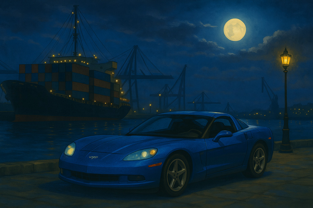 Hiroyuki Onumaが撮影した画像を基にプロンプトを書き、AIに出力させた夜の港に停まっているコルベットZ06のイラスト
©️Hiroyuki Onuma