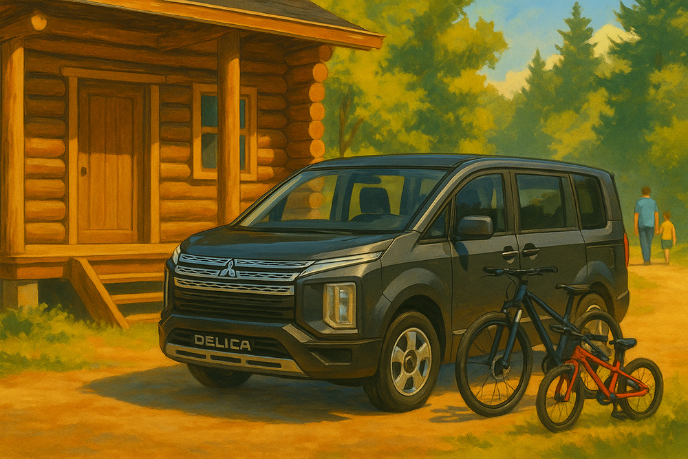 Hiroyuki Onumaが撮影した画像を基にプロンプトを書き、AIに出力させた大きなログハウスの前に停まっているデリカD:5のイラスト
©️Hiroyuki Onuma