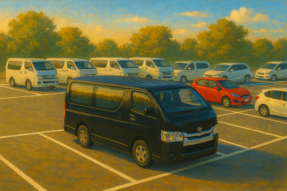 Hiroyuki Onumaが撮影した画像を基にプロンプトを書き、AIに出力させた駐車場に停まっているハイエースのイラスト
©️Hiroyuki Onuma