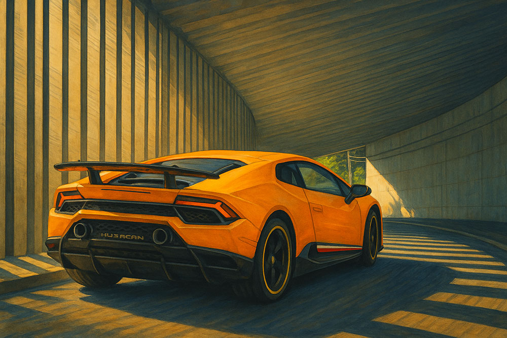 Hiroyuki Onumaが撮影した画像を基にプロンプトを書き、AIに出力させた夕日の差し込む覆道を駆け抜けるランボルギーニウラカンペルフォルマンテの後ろ姿のイラスト
©️Hiroyuki Onuma